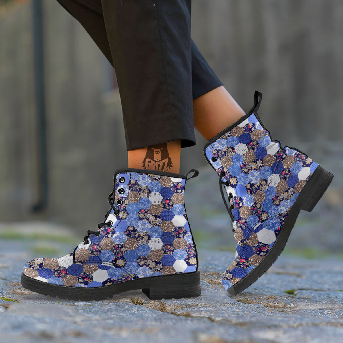Patchwork Denim And Plaid Print Pattern Leather Boots-grizzshop