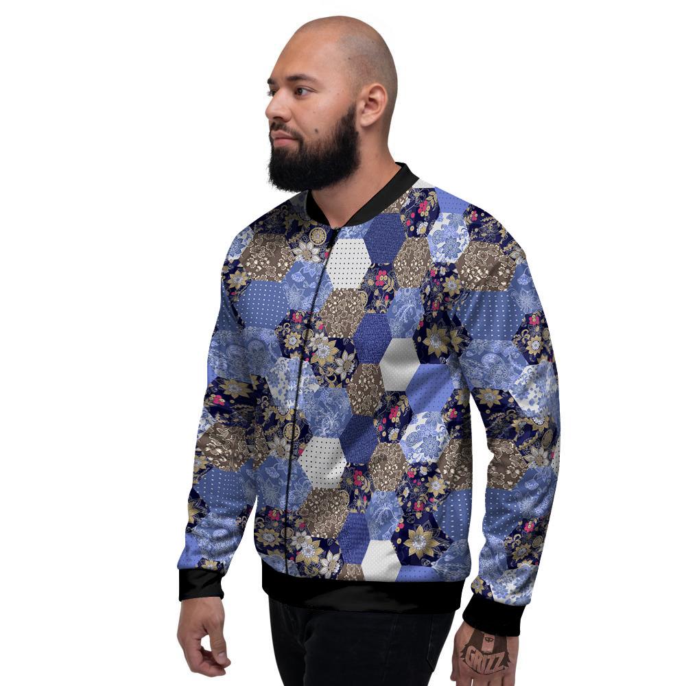 Patchwork Denim And Plaid Print Pattern Men's Bomber Jacket-grizzshop