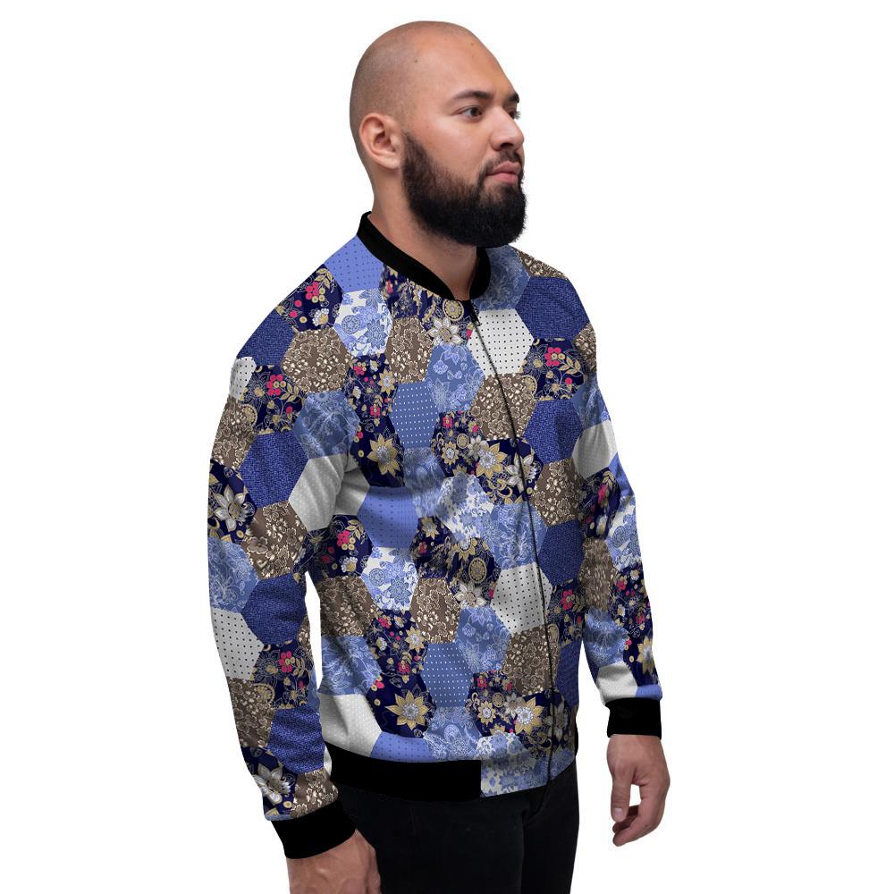 Patchwork Denim And Plaid Print Pattern Men's Bomber Jacket-grizzshop