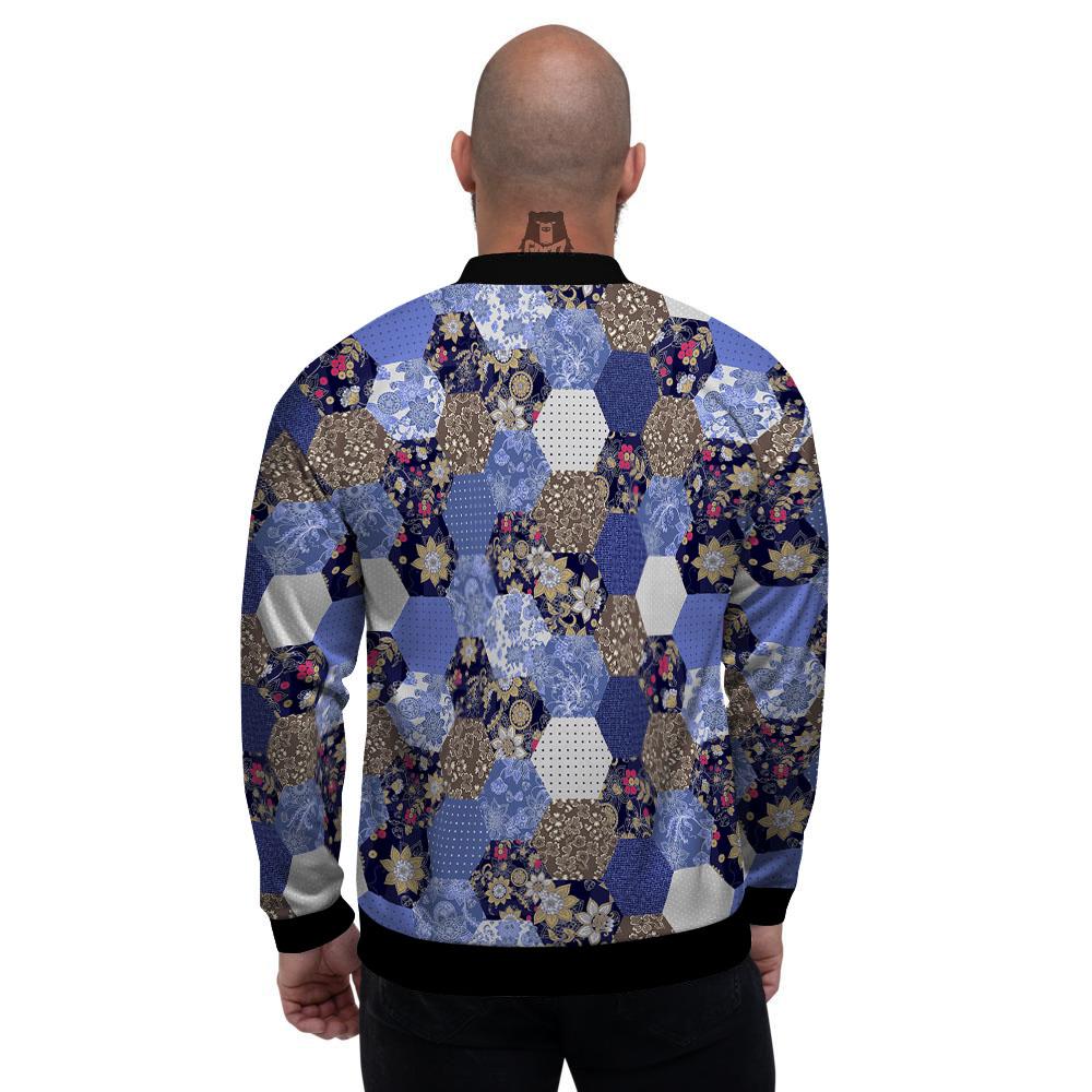 Patchwork Denim And Plaid Print Pattern Men's Bomber Jacket-grizzshop