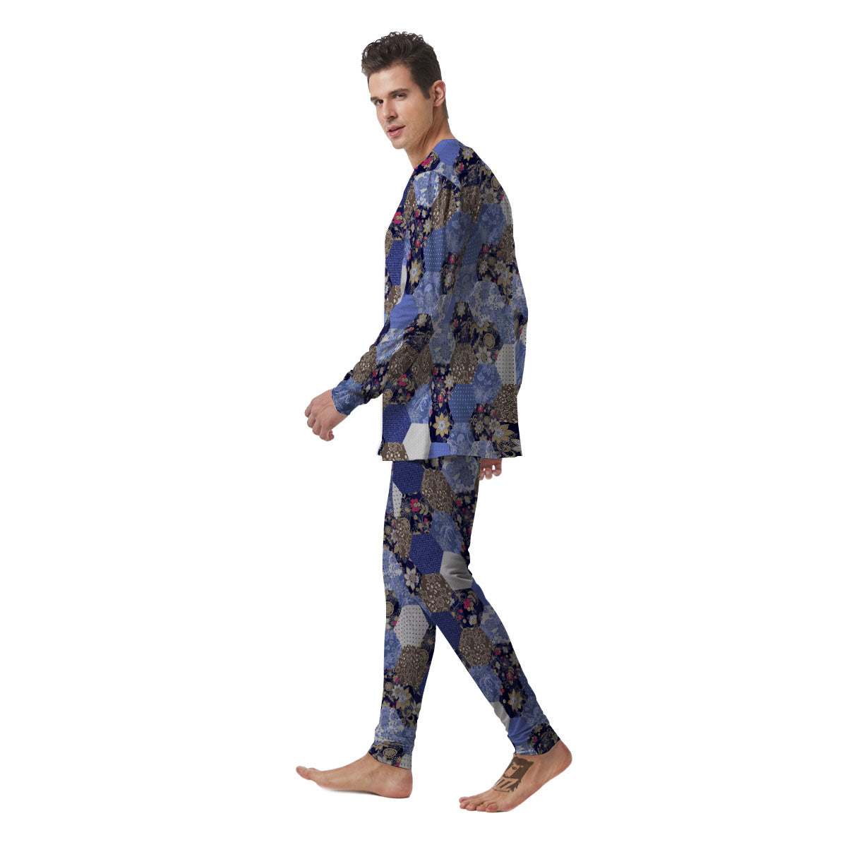 Patchwork Denim And Plaid Print Pattern Men's Pajamas-grizzshop