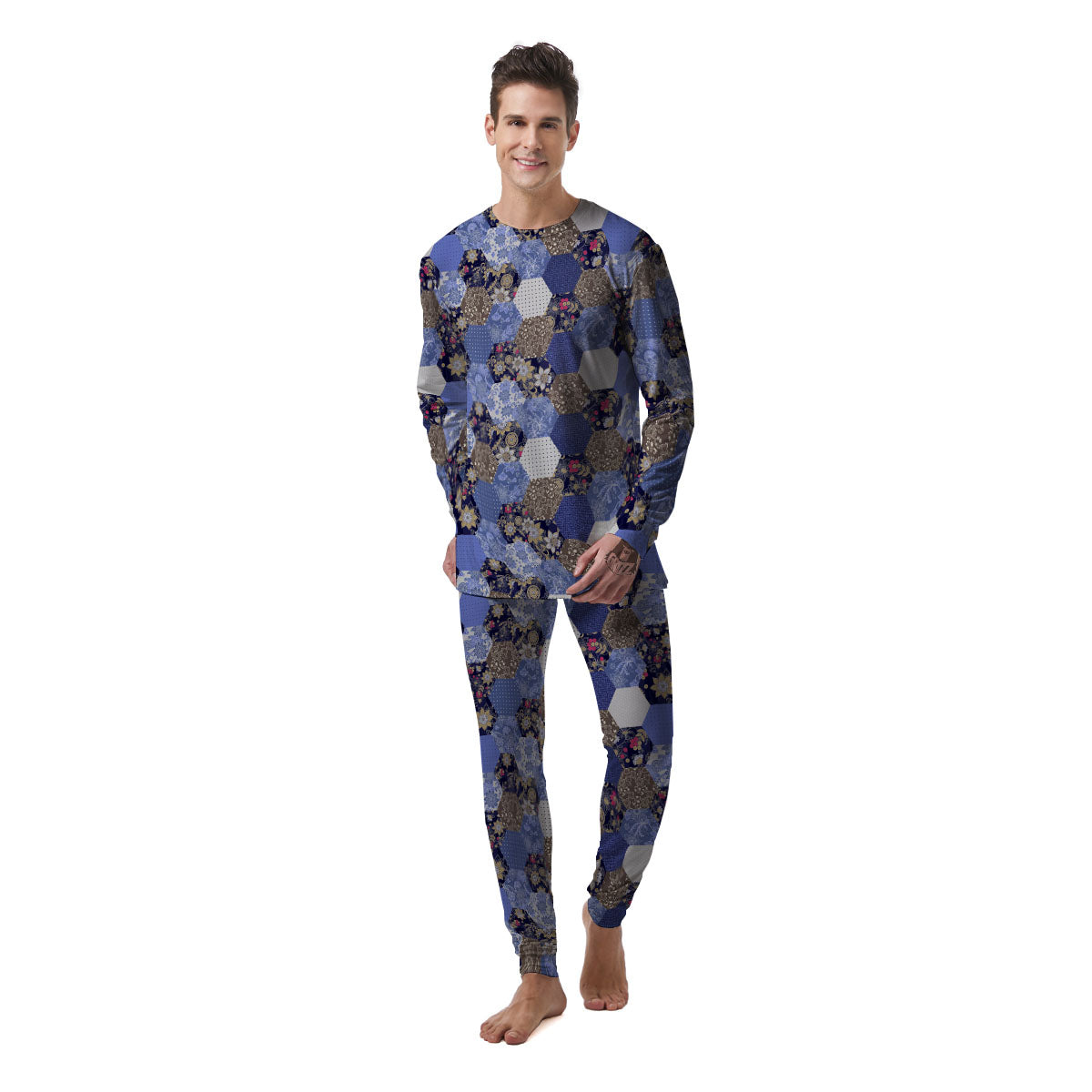Patchwork Denim And Plaid Print Pattern Men's Pajamas-grizzshop