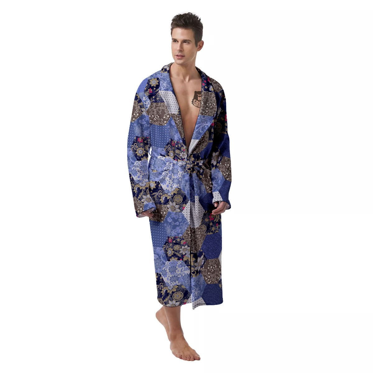 Patchwork Denim And Plaid Print Pattern Men's Robe-grizzshop