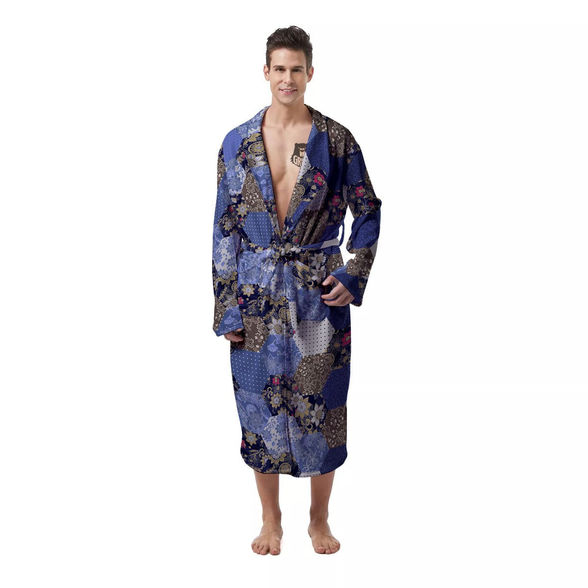 Patchwork Denim And Plaid Print Pattern Men's Robe-grizzshop