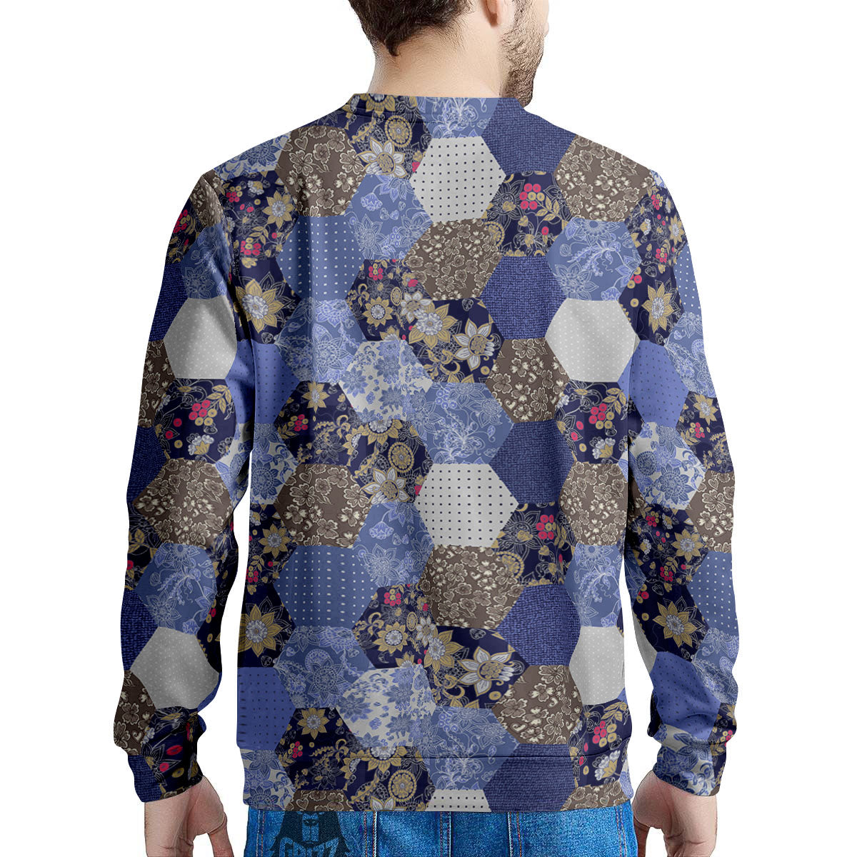 Patchwork Denim And Plaid Print Pattern Men's Sweatshirt-grizzshop