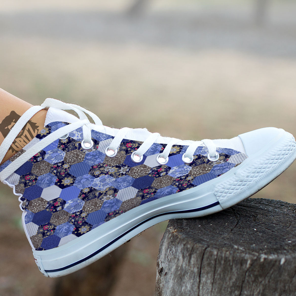 Patchwork Denim And Plaid Print Pattern White High Top Shoes-grizzshop
