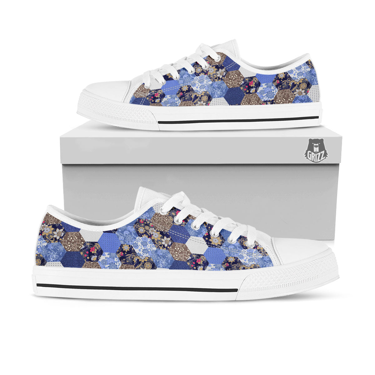 Patchwork Denim And Plaid Print Pattern White Low Top Shoes-grizzshop