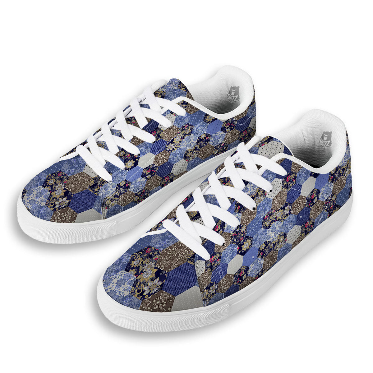 Patchwork Denim And Plaid Print Pattern White Low Top Sneakers-grizzshop
