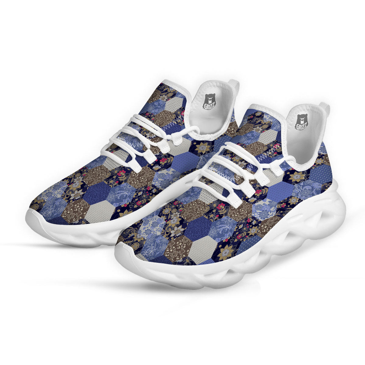 Patchwork Denim And Plaid Print Pattern White Running Shoes-grizzshop
