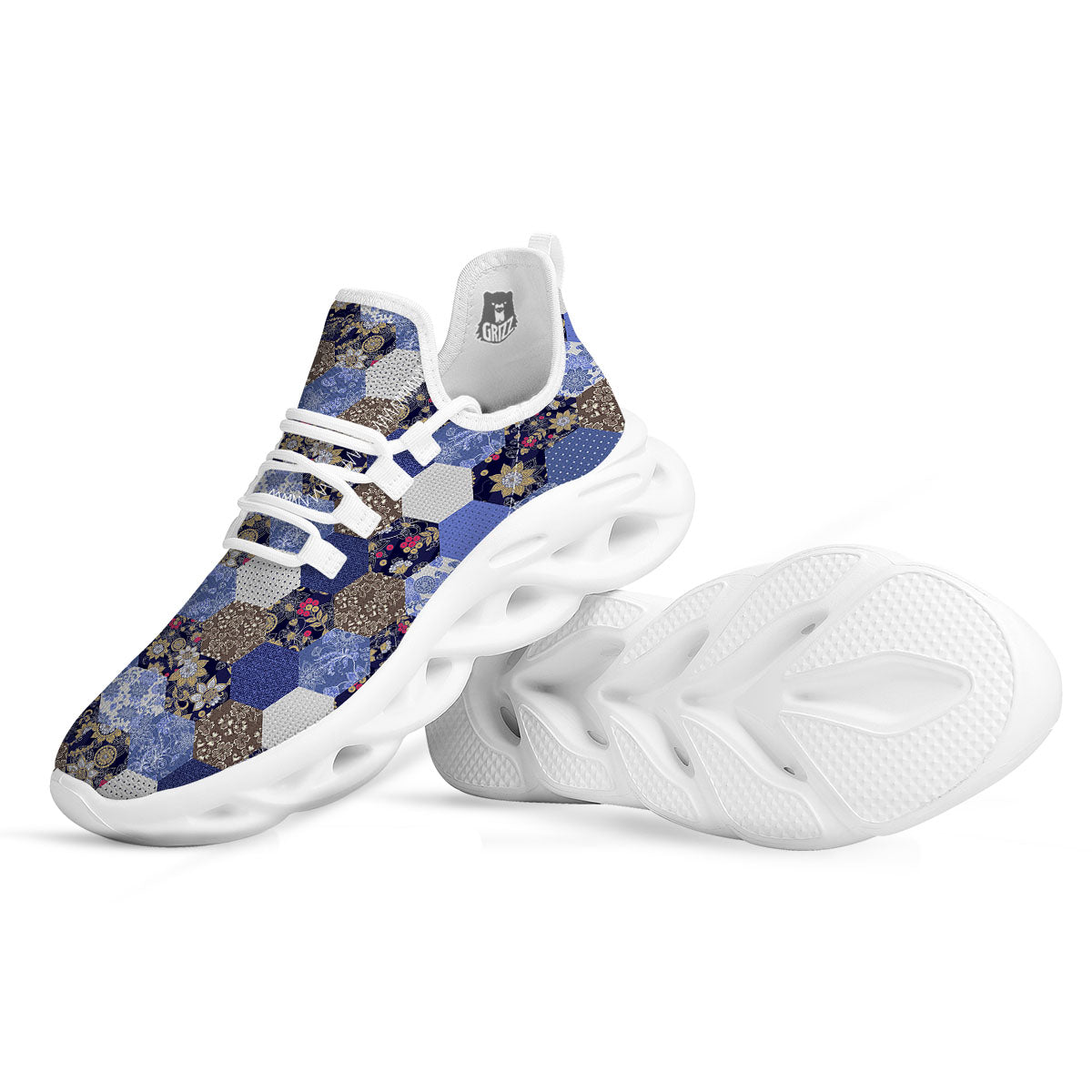 Patchwork Denim And Plaid Print Pattern White Running Shoes-grizzshop