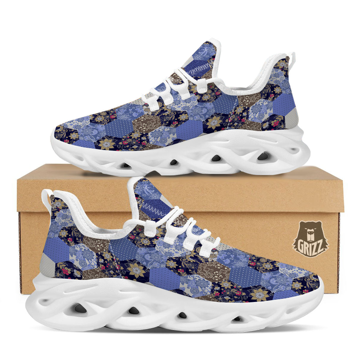 Patchwork Denim And Plaid Print Pattern White Running Shoes-grizzshop