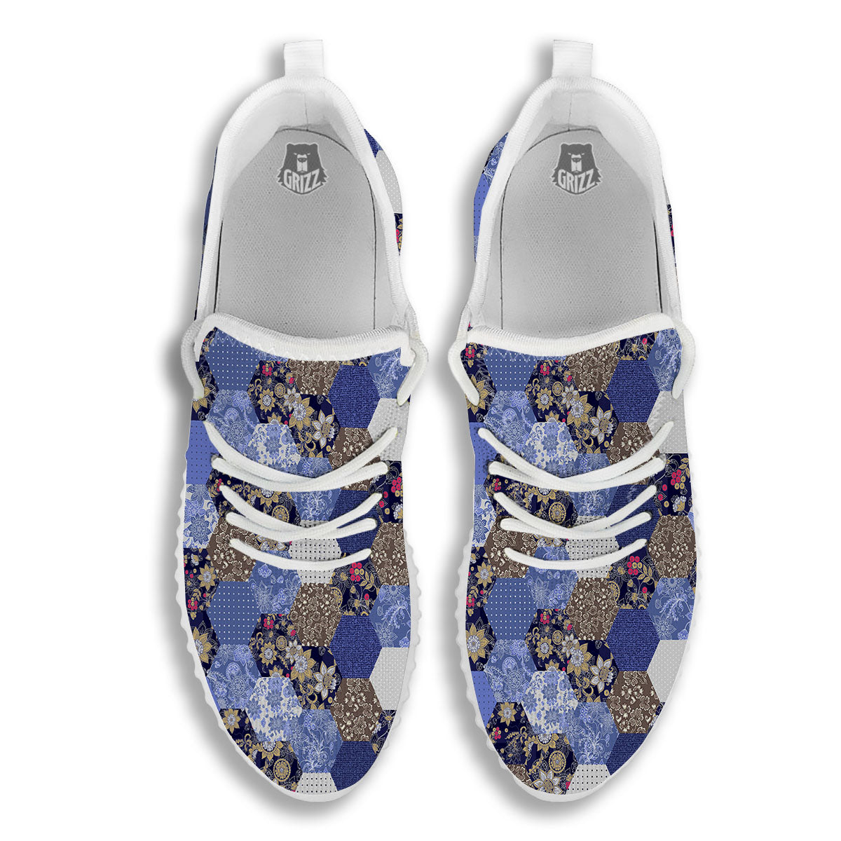 Patchwork Denim And Plaid Print Pattern White Walking Shoes-grizzshop