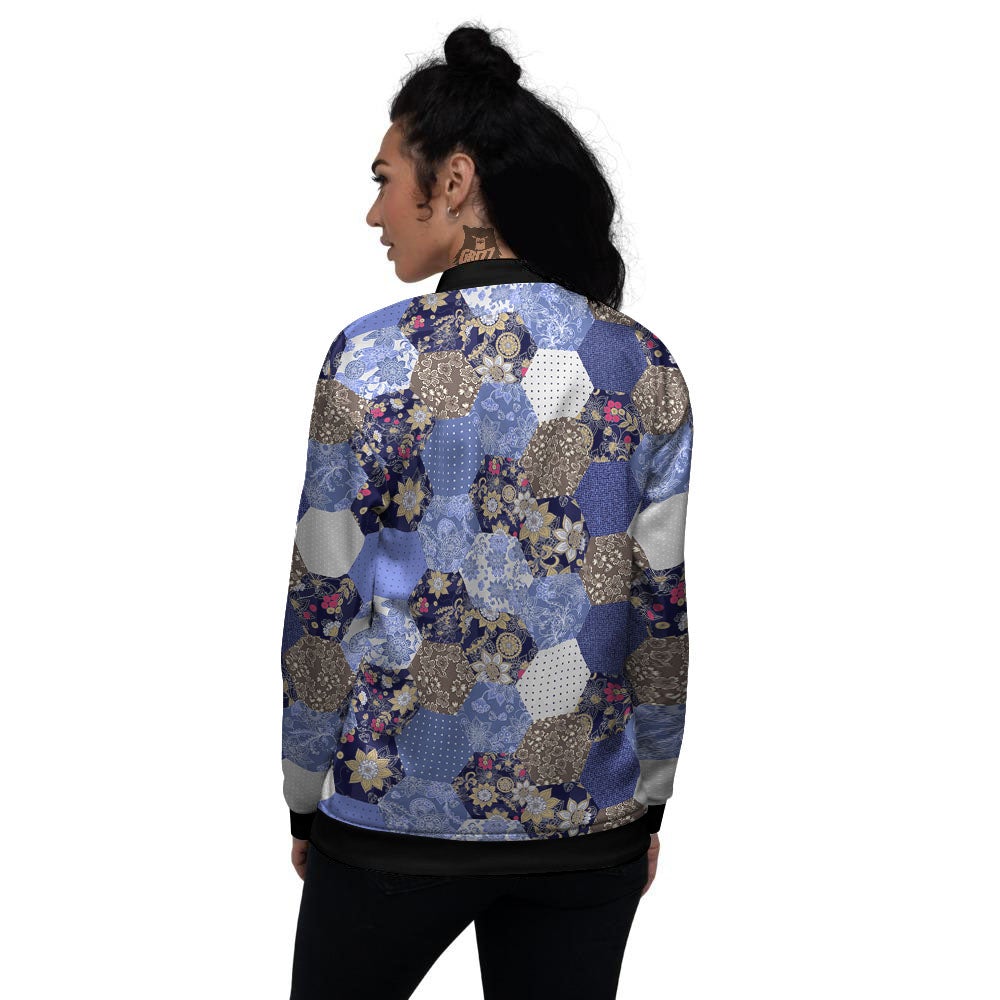 Patchwork Denim And Plaid Print Pattern Women's Bomber Jacket-grizzshop