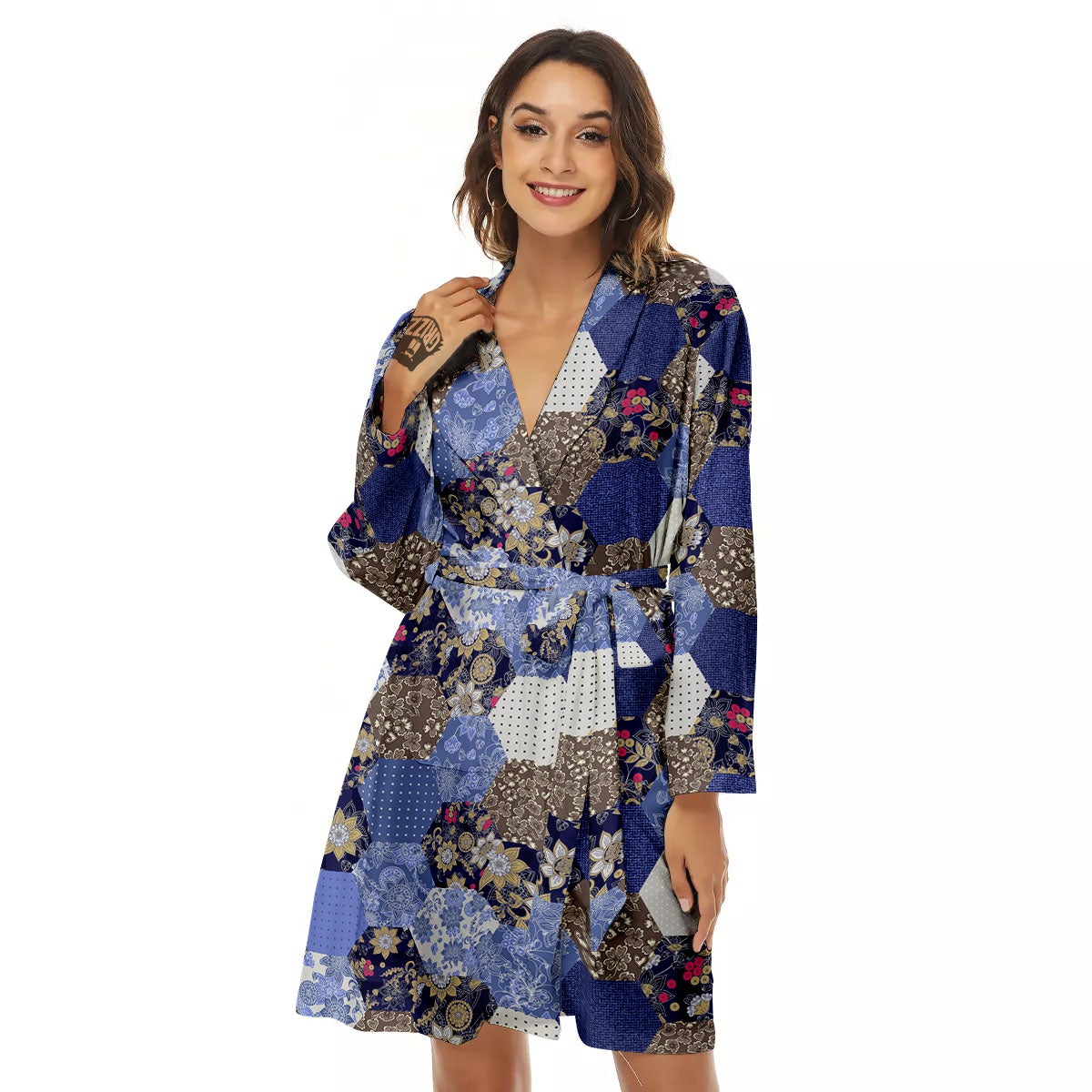 Patchwork Denim And Plaid Print Pattern Women's Robe-grizzshop