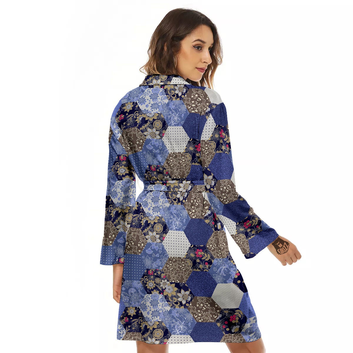 Patchwork Denim And Plaid Print Pattern Women's Robe-grizzshop