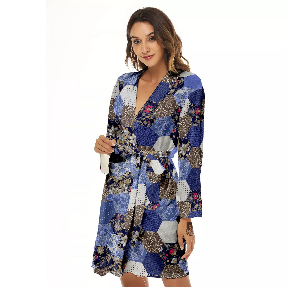 Patchwork Denim And Plaid Print Pattern Women's Robe-grizzshop