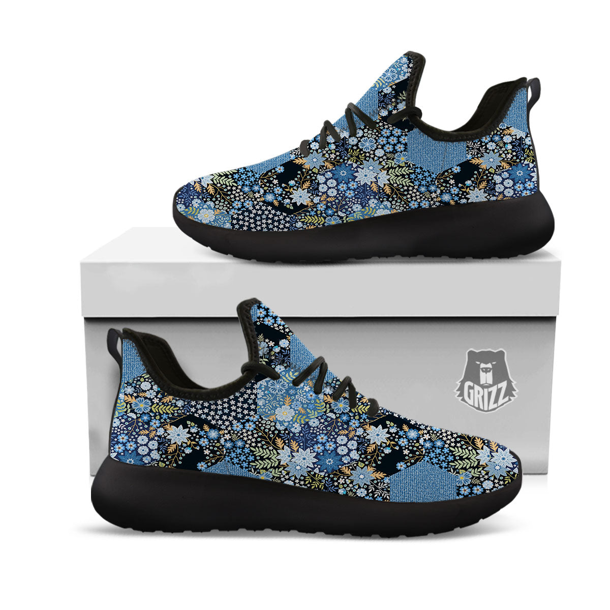 Patchwork Ethnic Floral Print Pattern Black Athletic Shoes-grizzshop