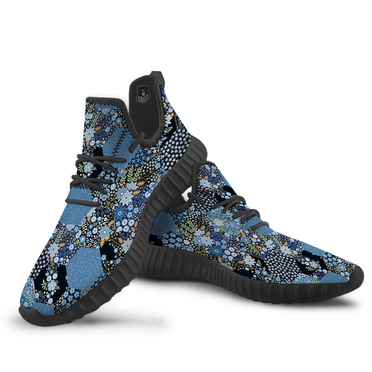 Patchwork Ethnic Floral Print Pattern Black Walking Shoes-grizzshop
