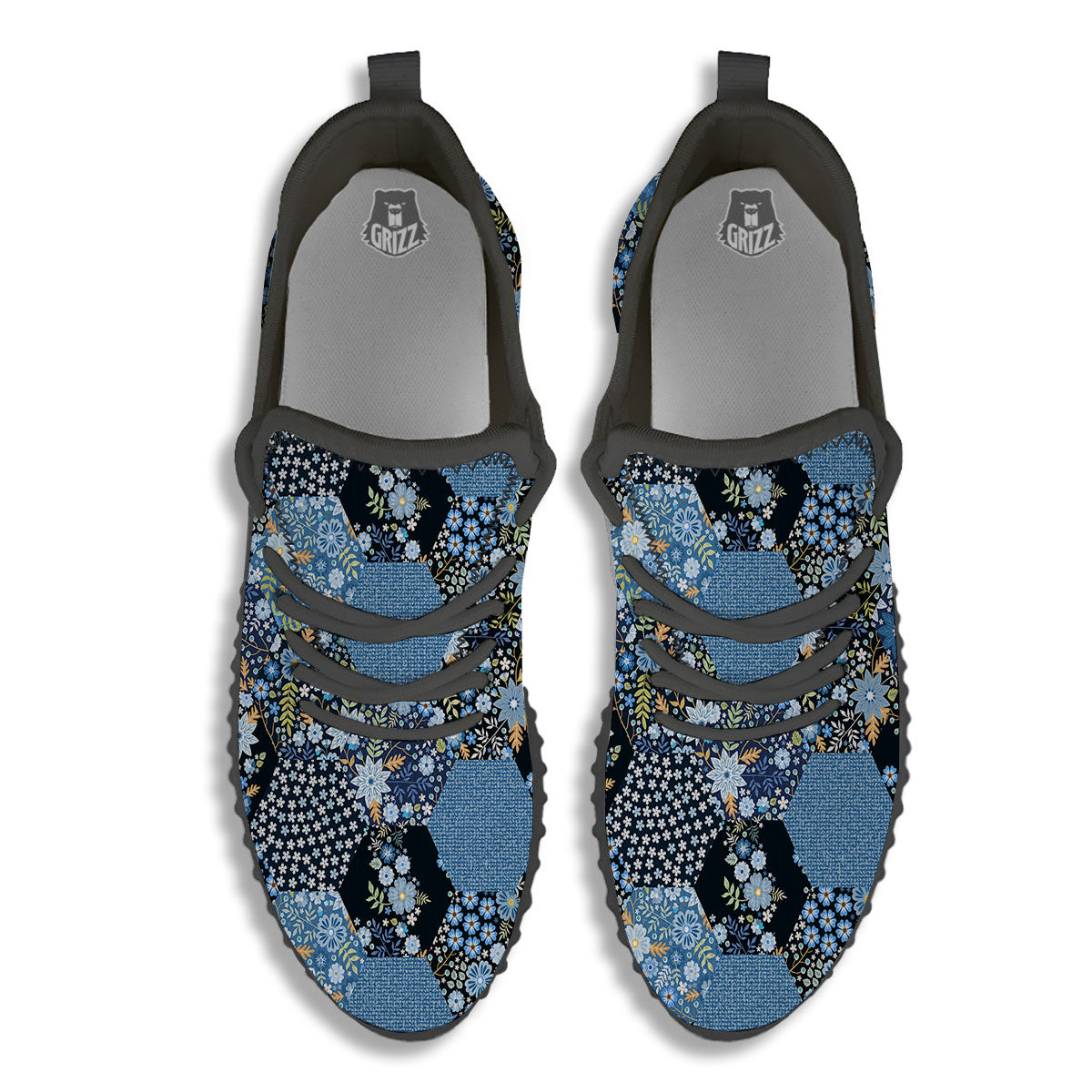 Patchwork Ethnic Floral Print Pattern Black Walking Shoes-grizzshop