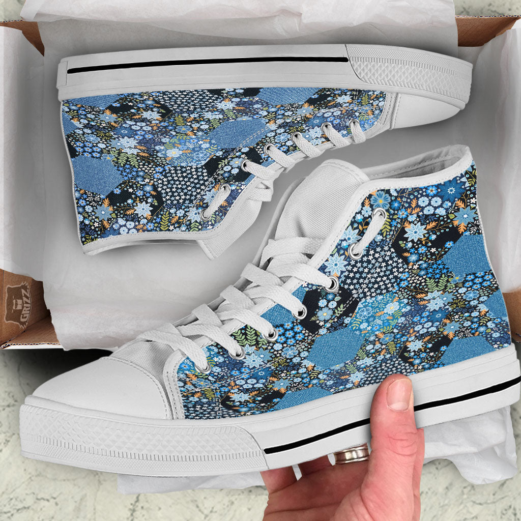 Patchwork Ethnic Floral Print Pattern White High Top Shoes-grizzshop