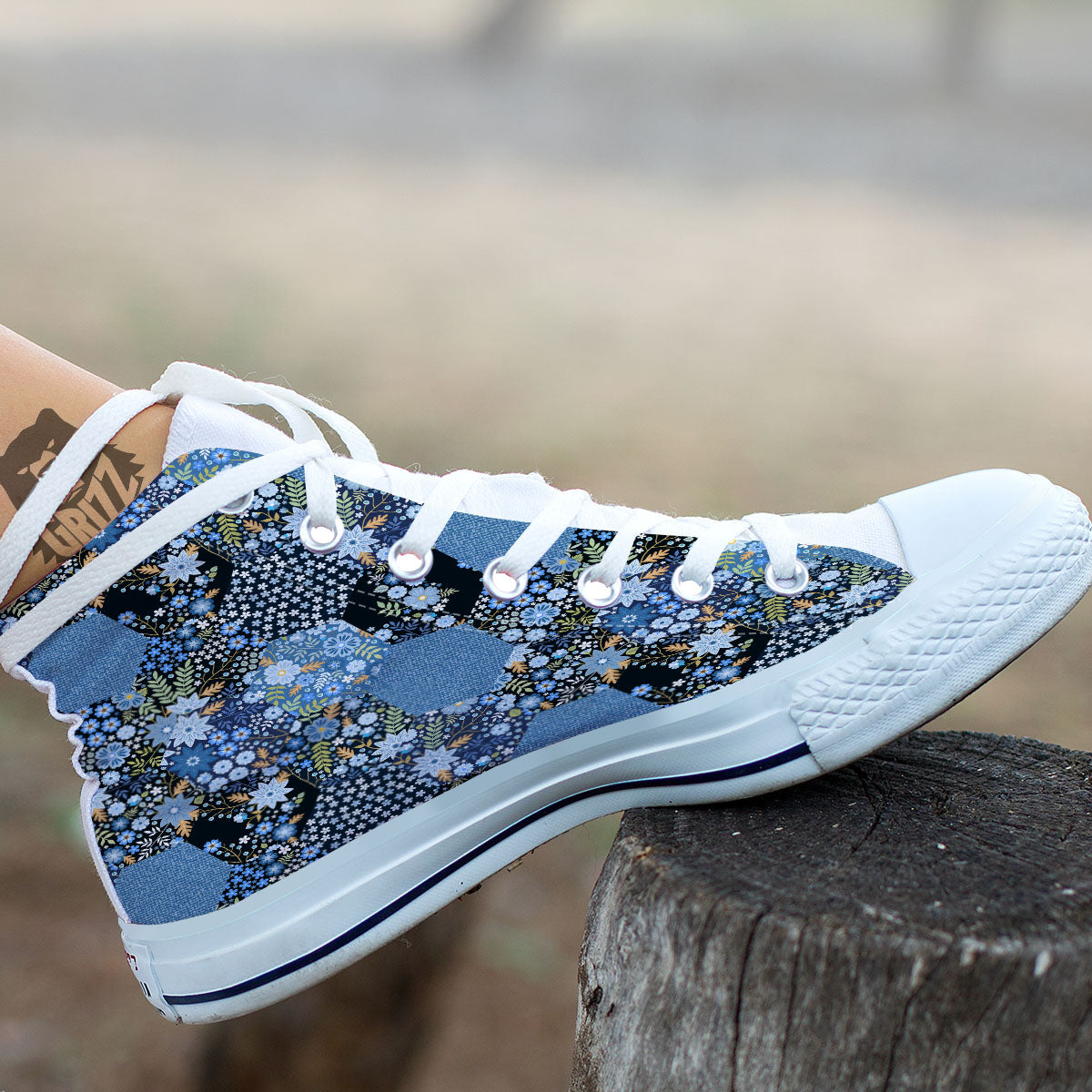 Patchwork Ethnic Floral Print Pattern White High Top Shoes-grizzshop