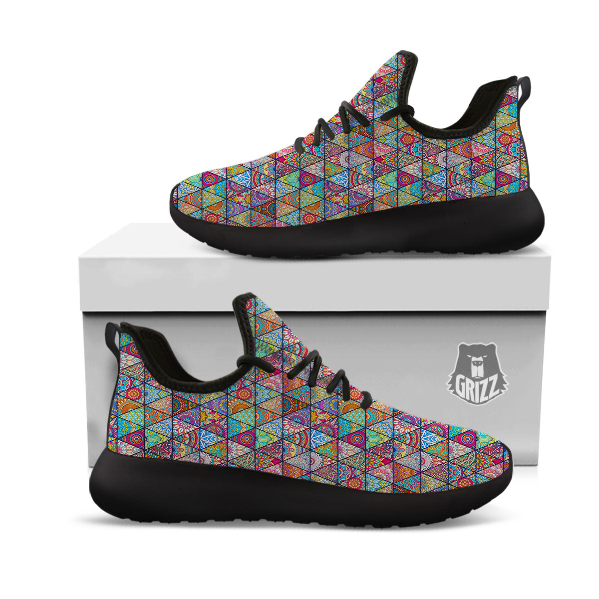 Patchwork Ethnic Mandala Print Pattern Black Athletic Shoes-grizzshop