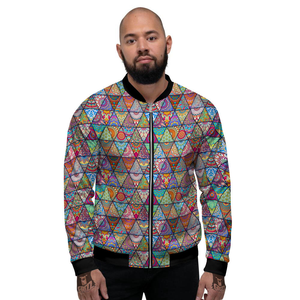 Patchwork Ethnic Mandala Print Pattern Men's Bomber Jacket-grizzshop