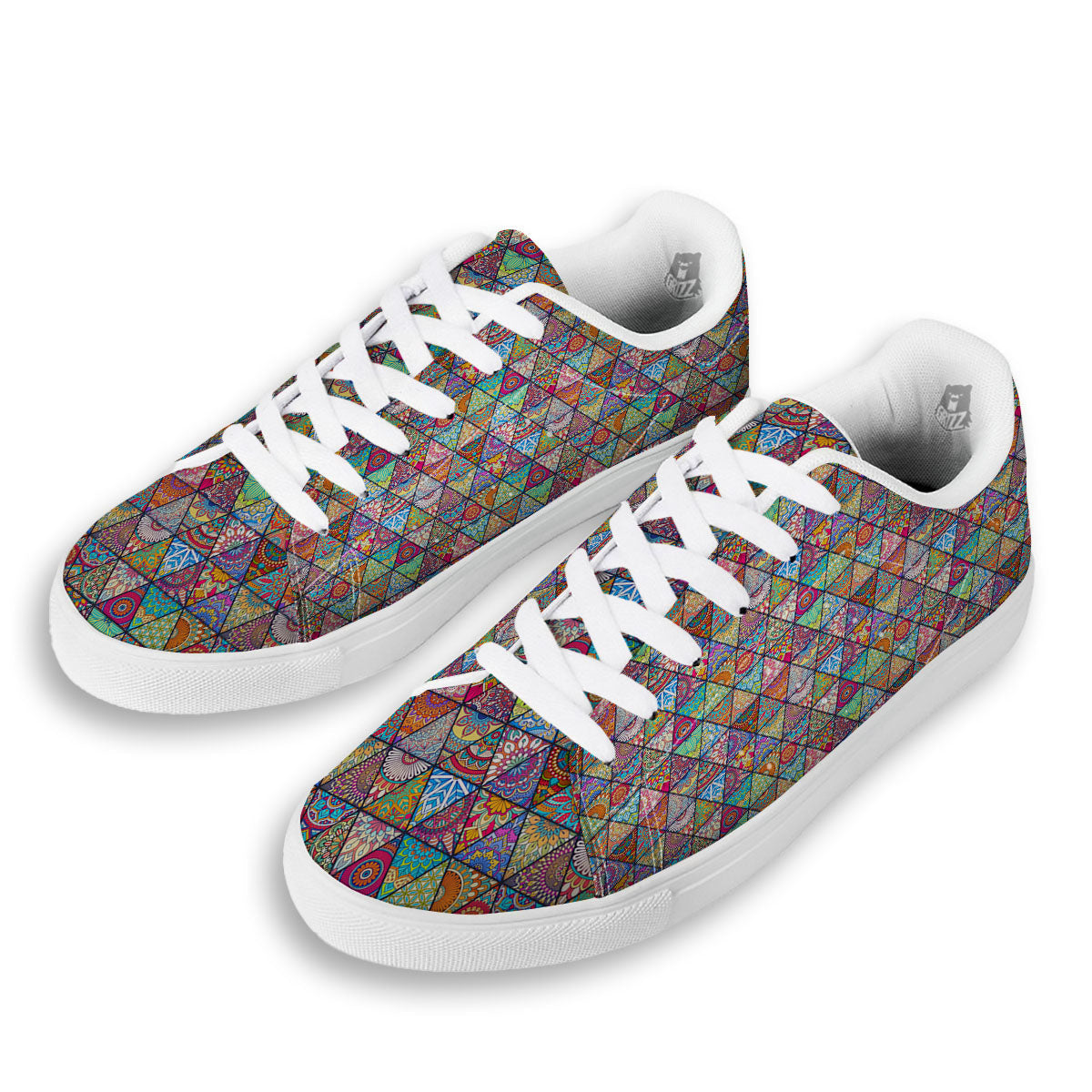 Patchwork Ethnic Mandala Print Pattern White Low Top Sneakers-grizzshop
