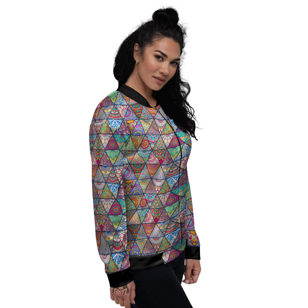 Patchwork Ethnic Mandala Print Pattern Women's Bomber Jacket-grizzshop