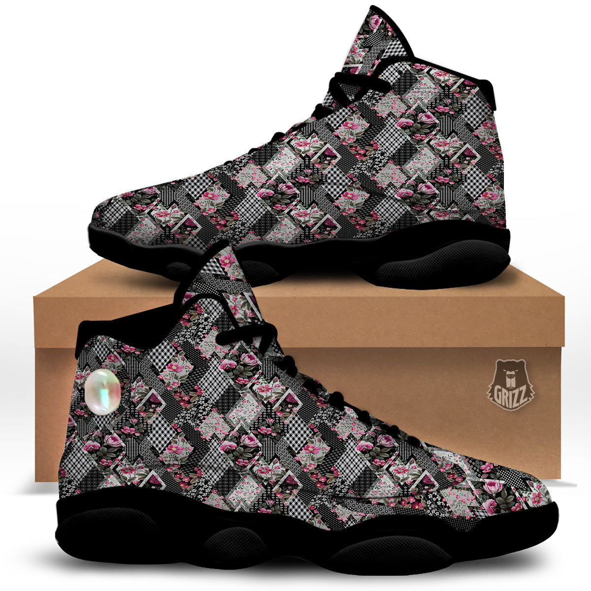 Patchwork Floral Black Pink Print Pattern Black Basketball Shoes-grizzshop