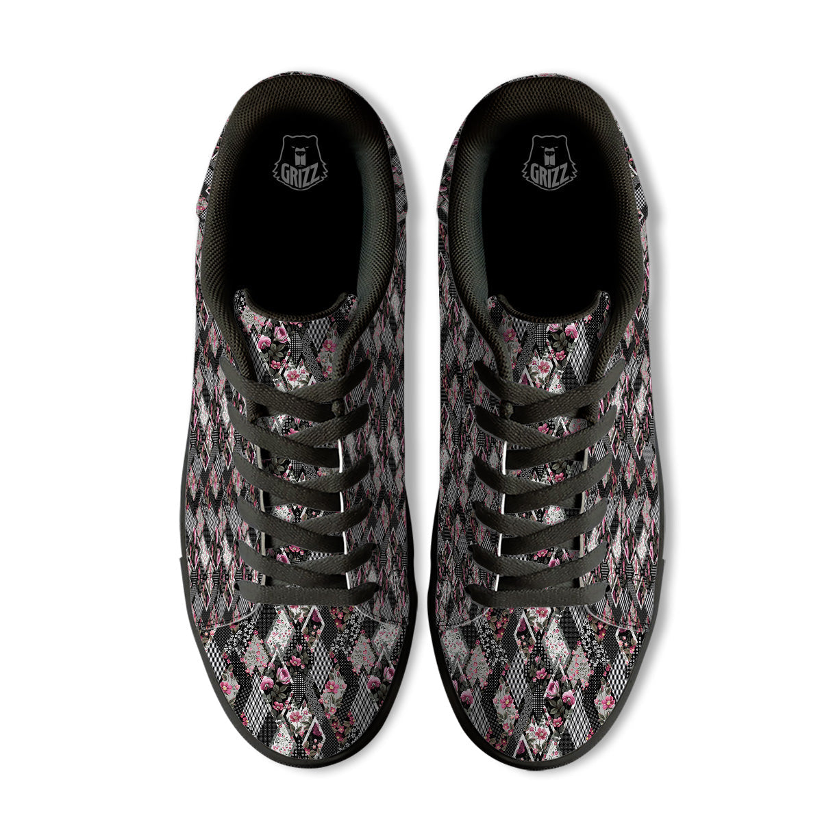Patchwork Floral Black Pink Print Pattern Black Low Top Sneakers-grizzshop