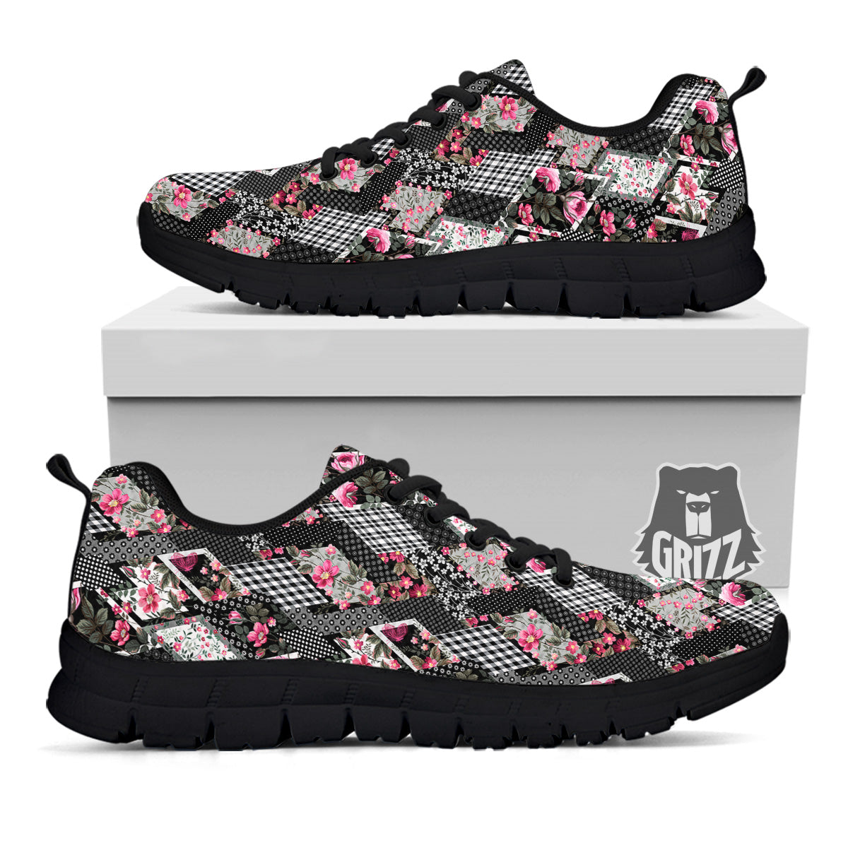 Patchwork Floral Black Pink Print Pattern Black Sneaker-grizzshop