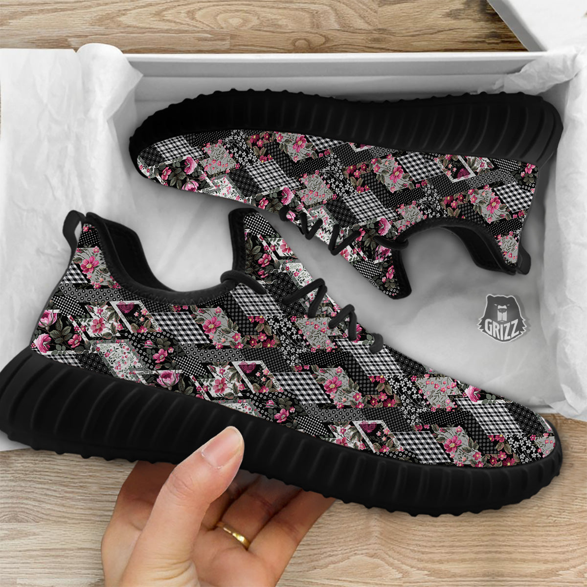 Patchwork Floral Black Pink Print Pattern Black Walking Shoes-grizzshop