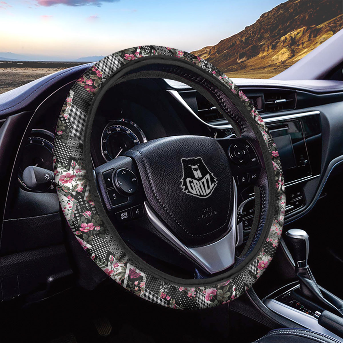 Patchwork Floral Black Pink Print Pattern Car Steering Wheel Cover-grizzshop