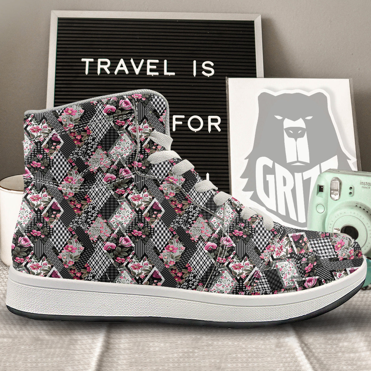 Patchwork Floral Black Pink Print Pattern High Top Sneakers-grizzshop