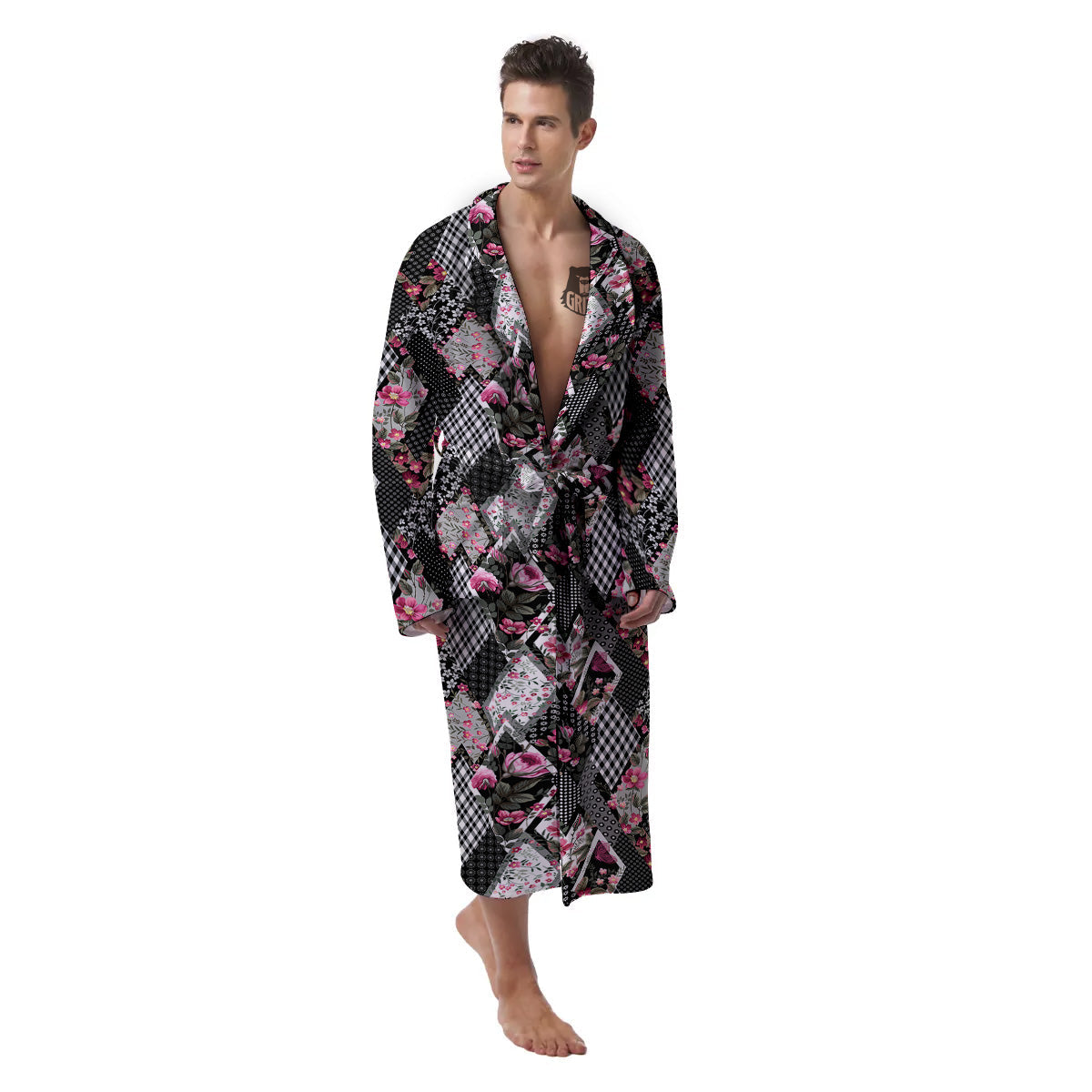 Patchwork Floral Black Pink Print Pattern Men's Robe-grizzshop