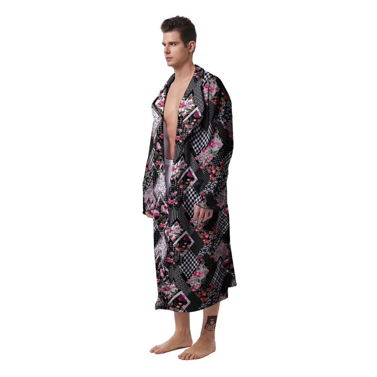Patchwork Floral Black Pink Print Pattern Men's Robe-grizzshop