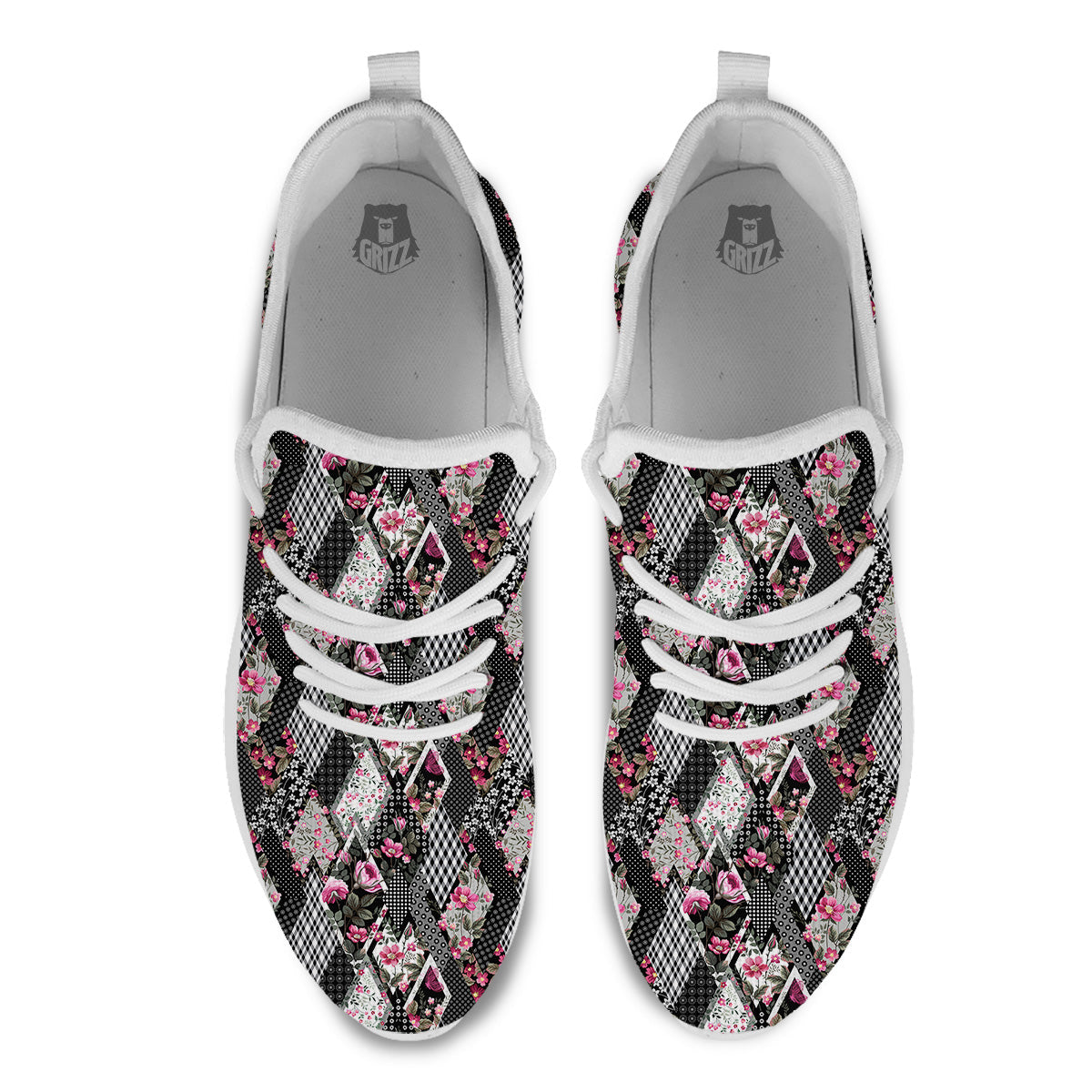 Patchwork Floral Black Pink Print Pattern White Athletic Shoes-grizzshop