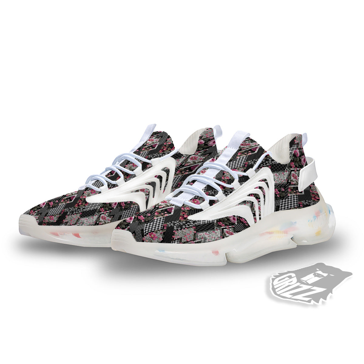 Patchwork Floral Black Pink Print Pattern White Gym Shoes-grizzshop