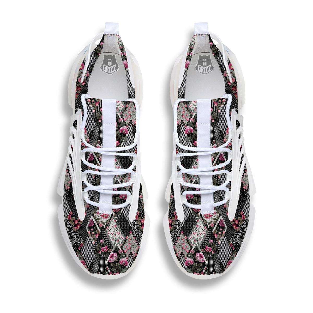 Patchwork Floral Black Pink Print Pattern White Gym Shoes-grizzshop