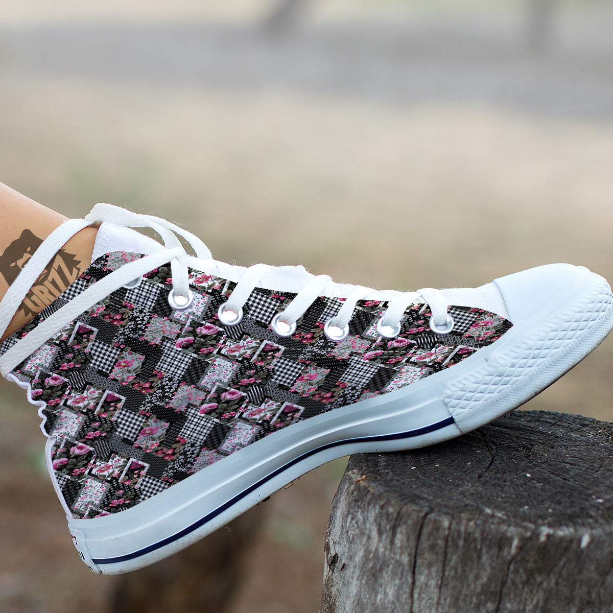 Patchwork Floral Black Pink Print Pattern White High Top Shoes-grizzshop