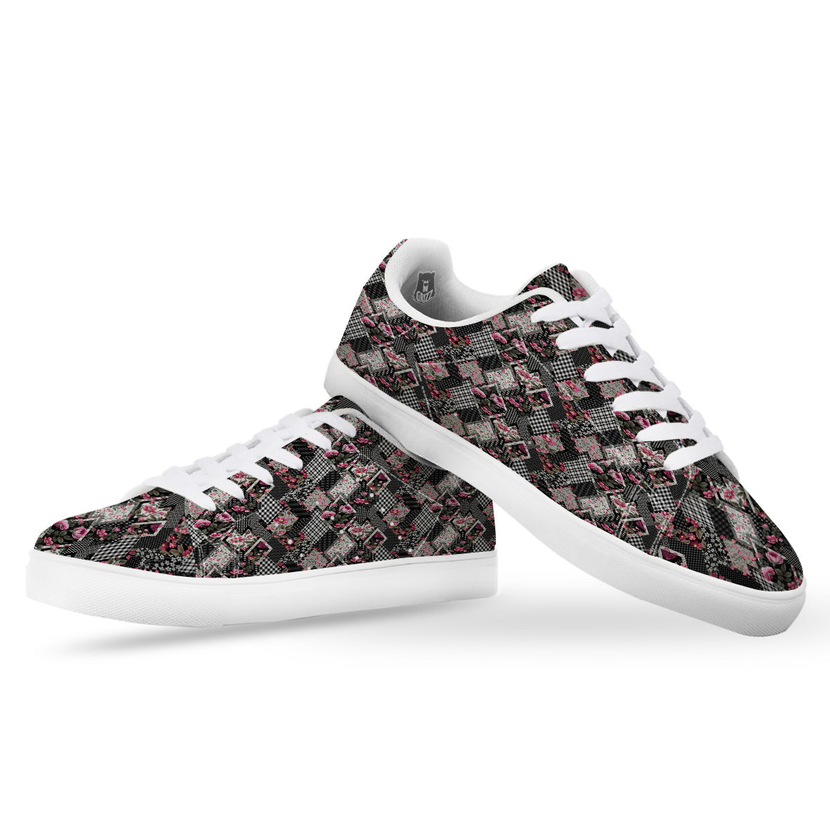 Patchwork Floral Black Pink Print Pattern White Low Top Sneakers-grizzshop