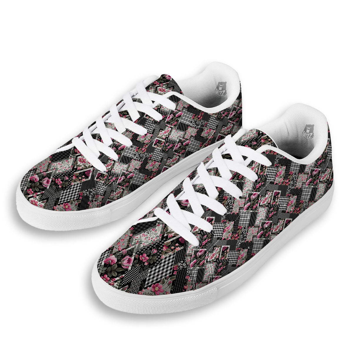 Patchwork Floral Black Pink Print Pattern White Low Top Sneakers-grizzshop