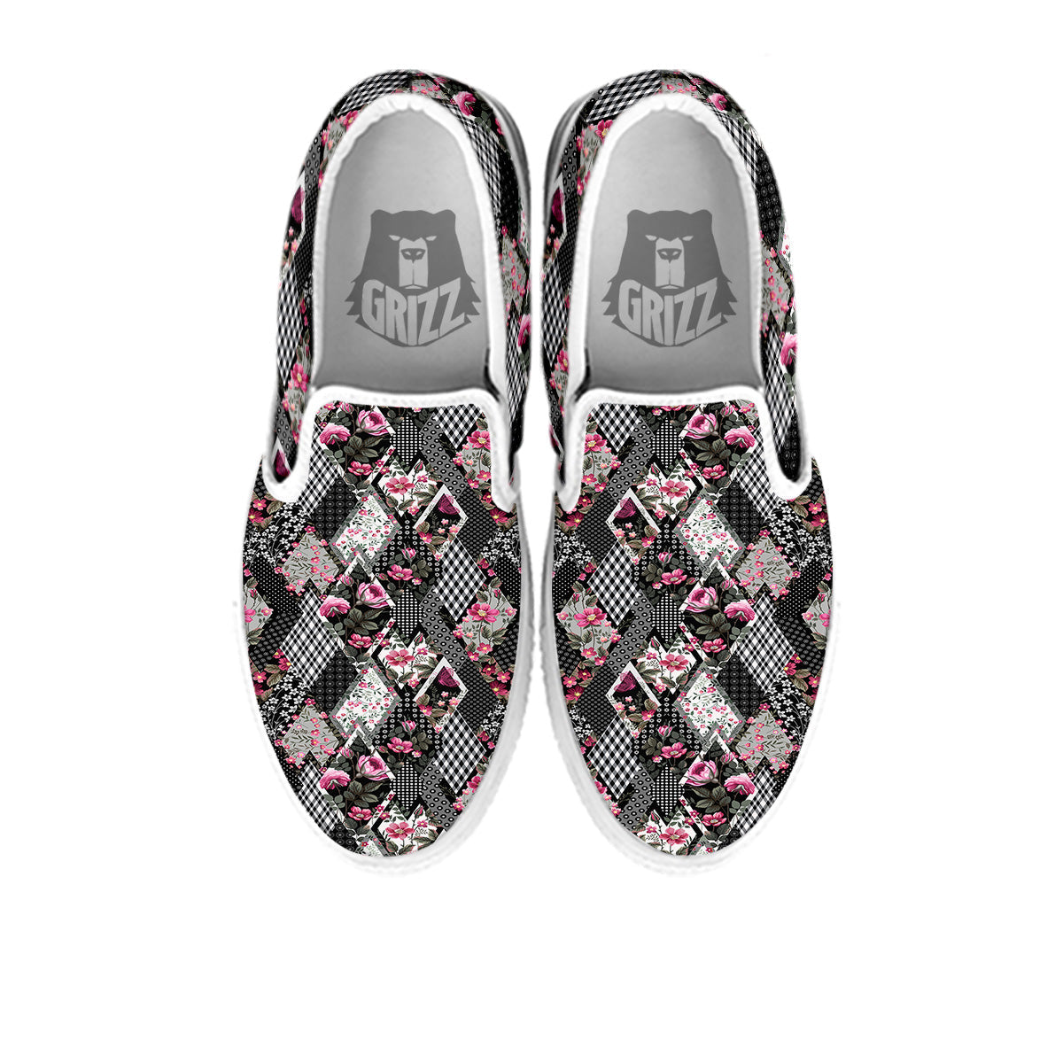Patchwork Floral Black Pink Print Pattern White Slip On Shoes-grizzshop