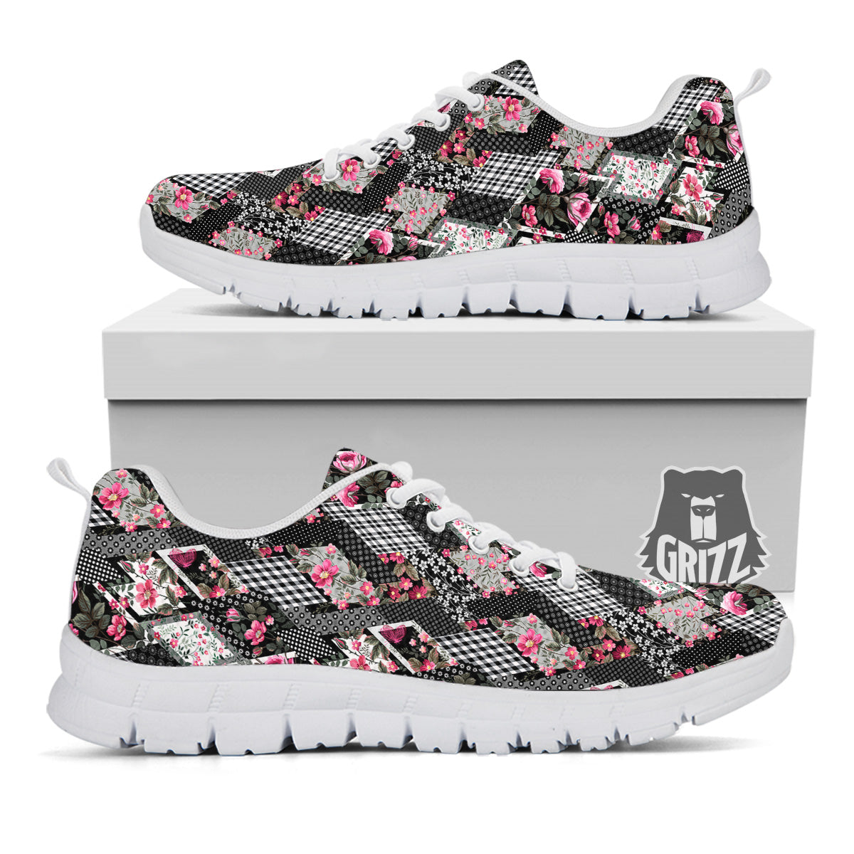Patchwork Floral Black Pink Print Pattern White Sneaker-grizzshop