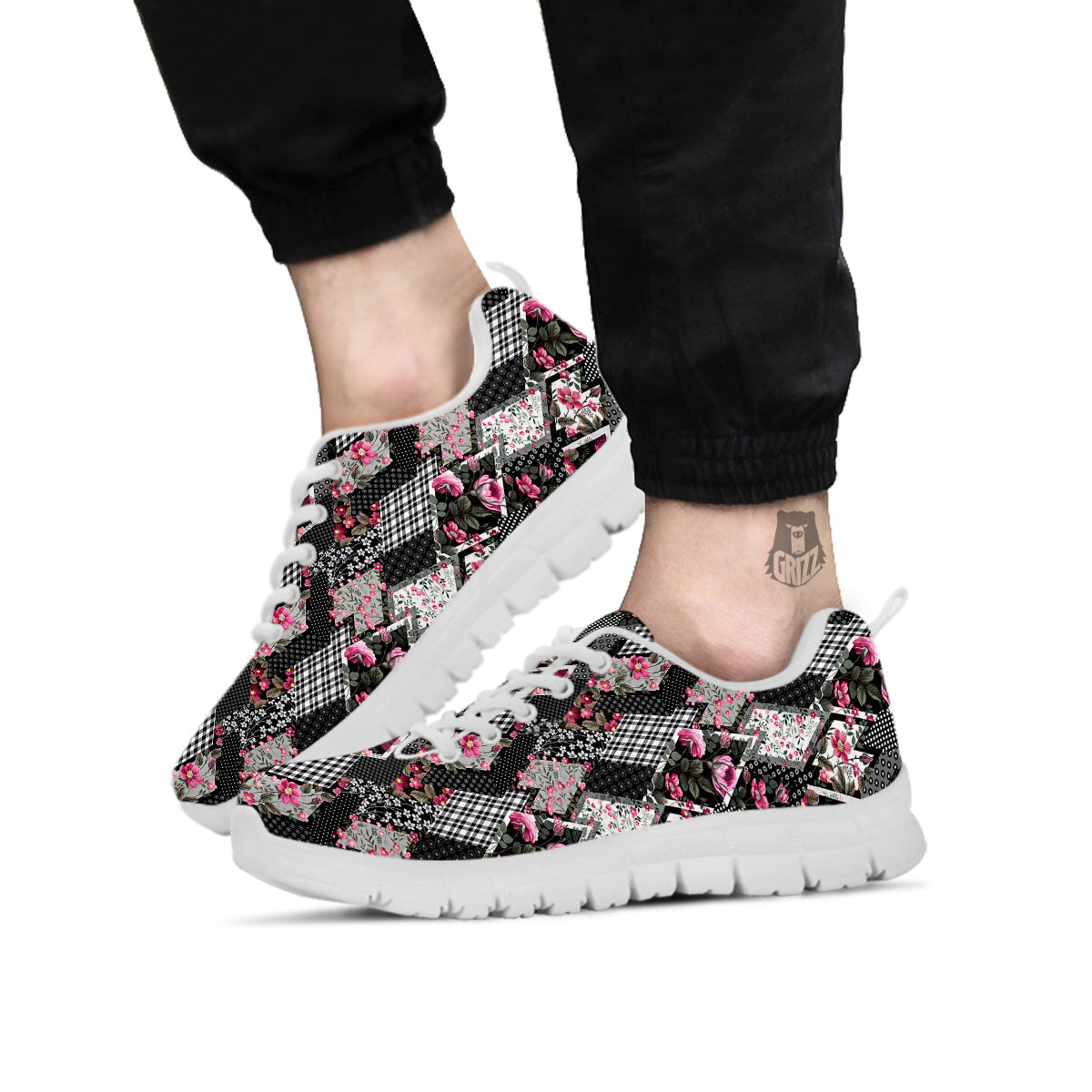 Patchwork Floral Black Pink Print Pattern White Sneaker-grizzshop