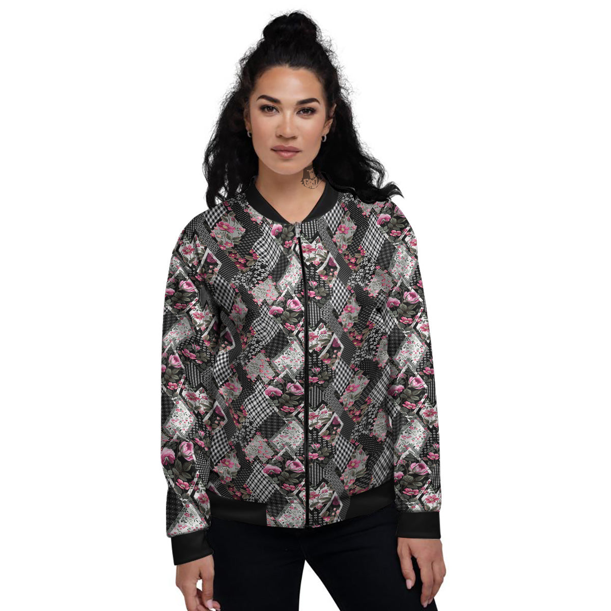 Patchwork Floral Black Pink Print Pattern Women's Bomber Jacket-grizzshop