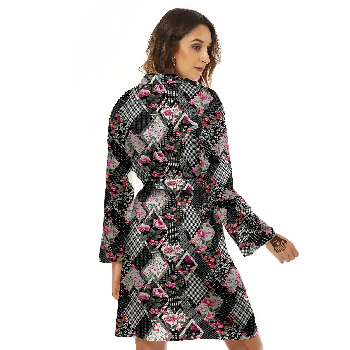Patchwork Floral Black Pink Print Pattern Women's Robe-grizzshop