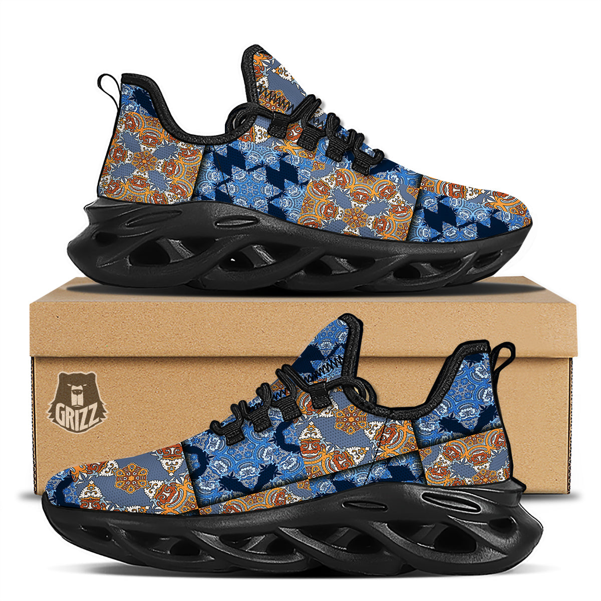Patchwork Floral Vintage Print Pattern Black Running Shoes-grizzshop