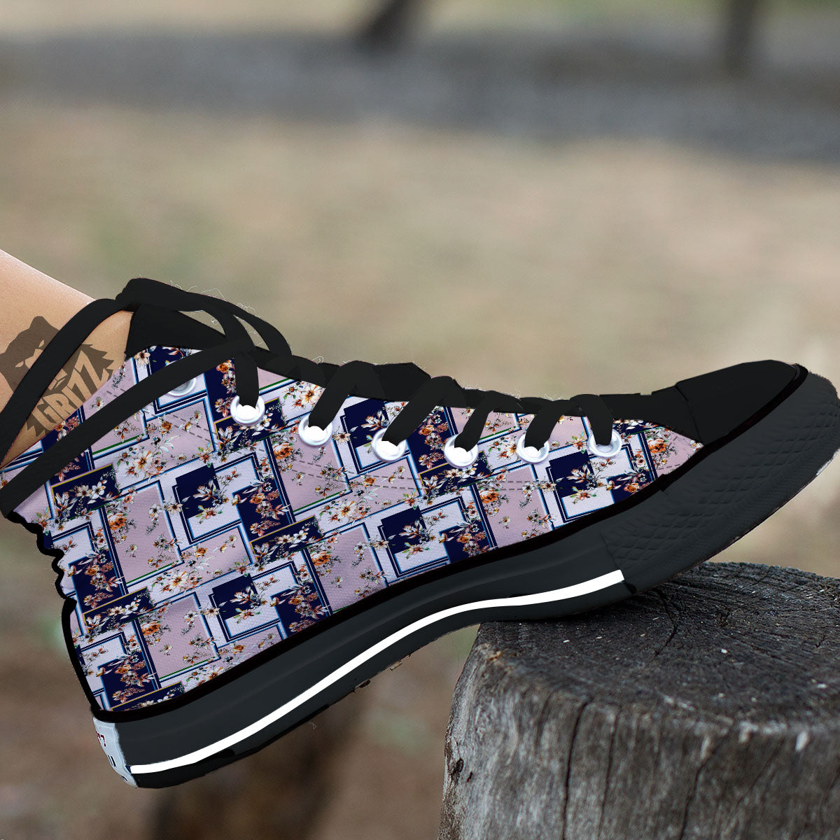 Patchwork Flower Vintage Print Pattern Black High Top Shoes-grizzshop